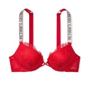 Victorias Secret Bombshell Bra, Red in lace SHINE Adds 2 cup sizes.  34D.
